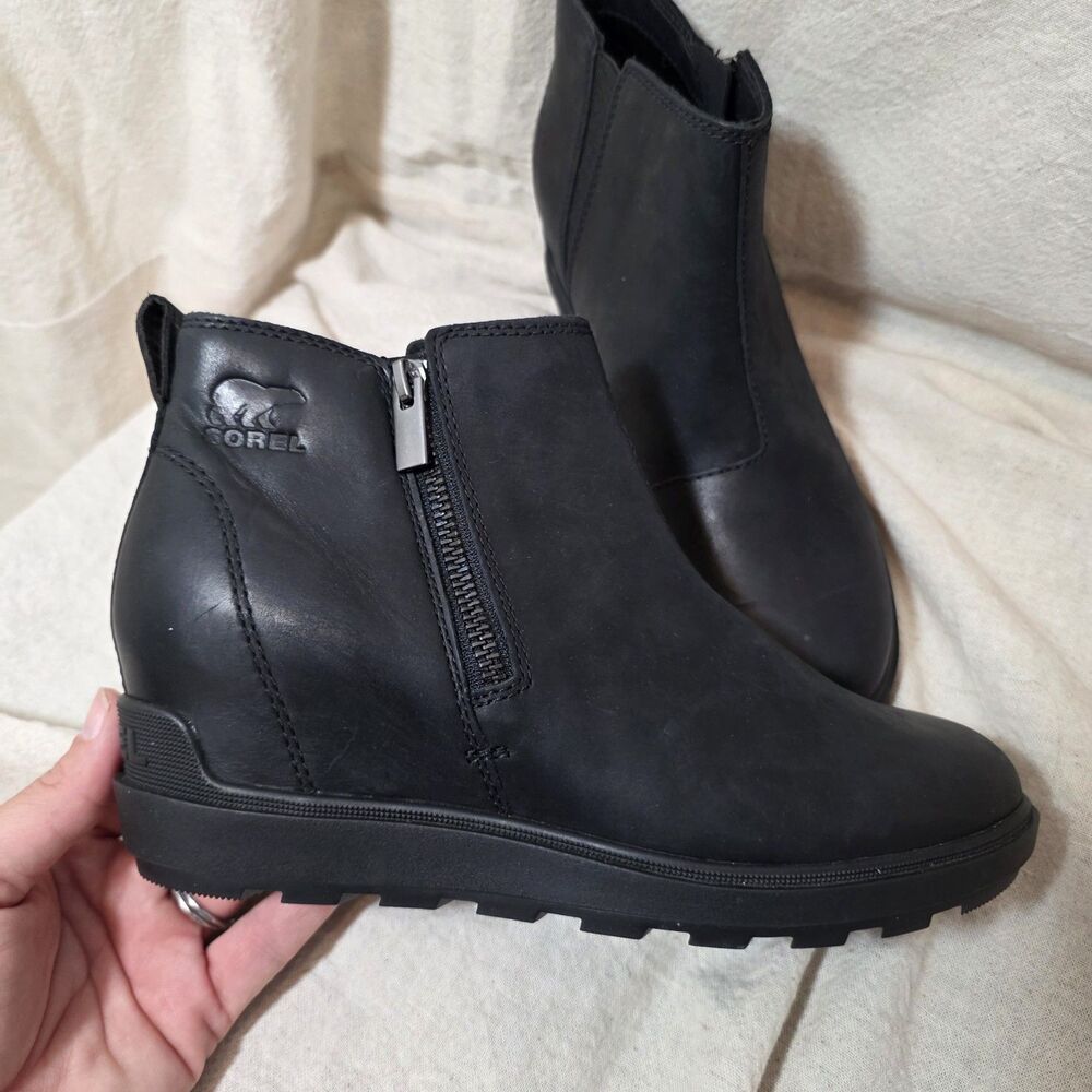 Sorel Evie II Zip Chelsea Wedge Boots Black Waterproof Leather Womens 7.5